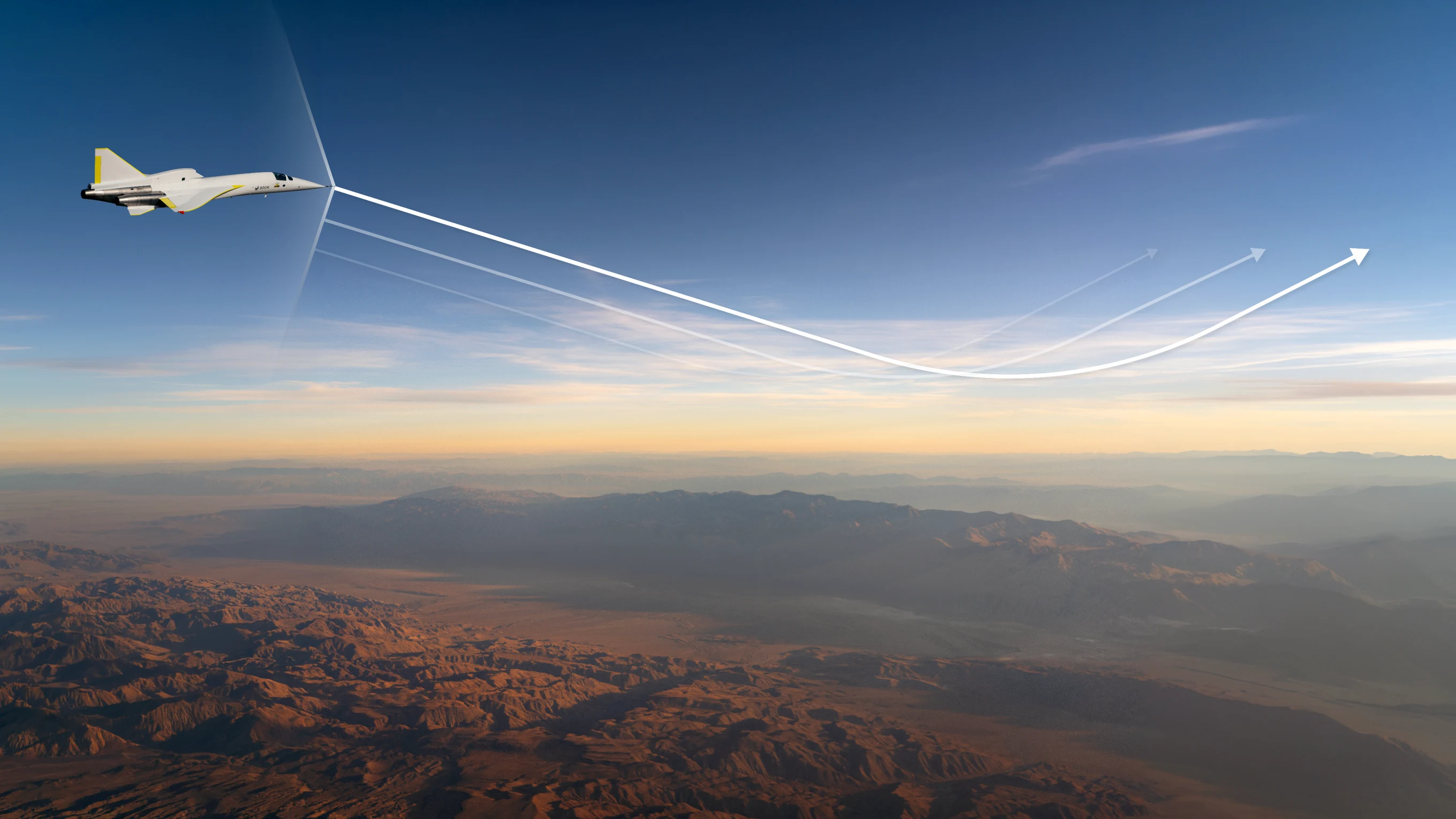 XB-1 flying above a desert at dusk: the waves of its sonic boom curve down, turn back up before the ground and fade into the sky