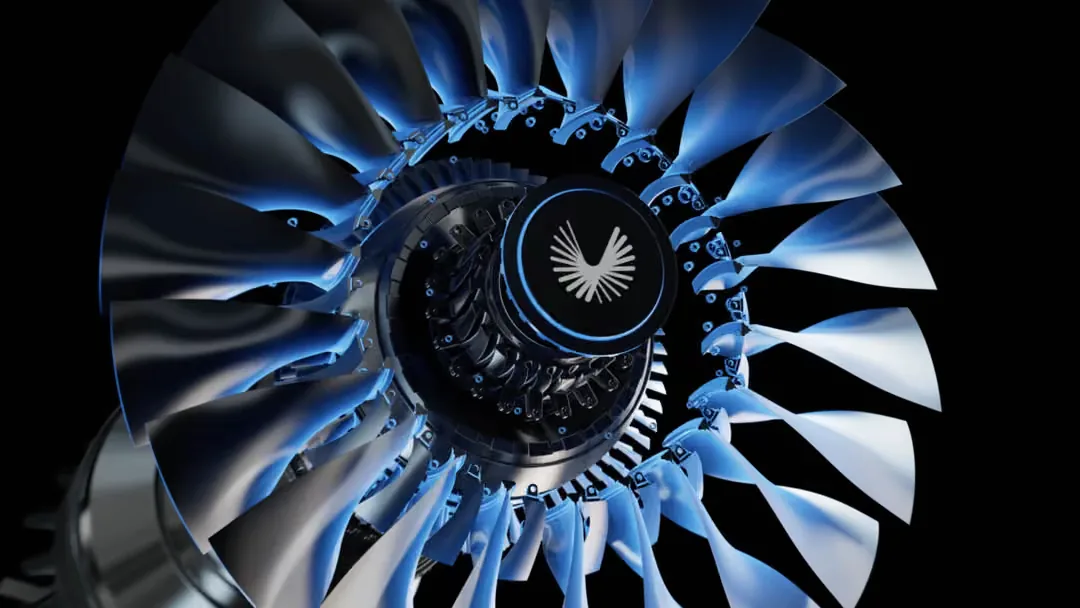 The Symphony engine's fan blades lit in blue around the Boom emblem
