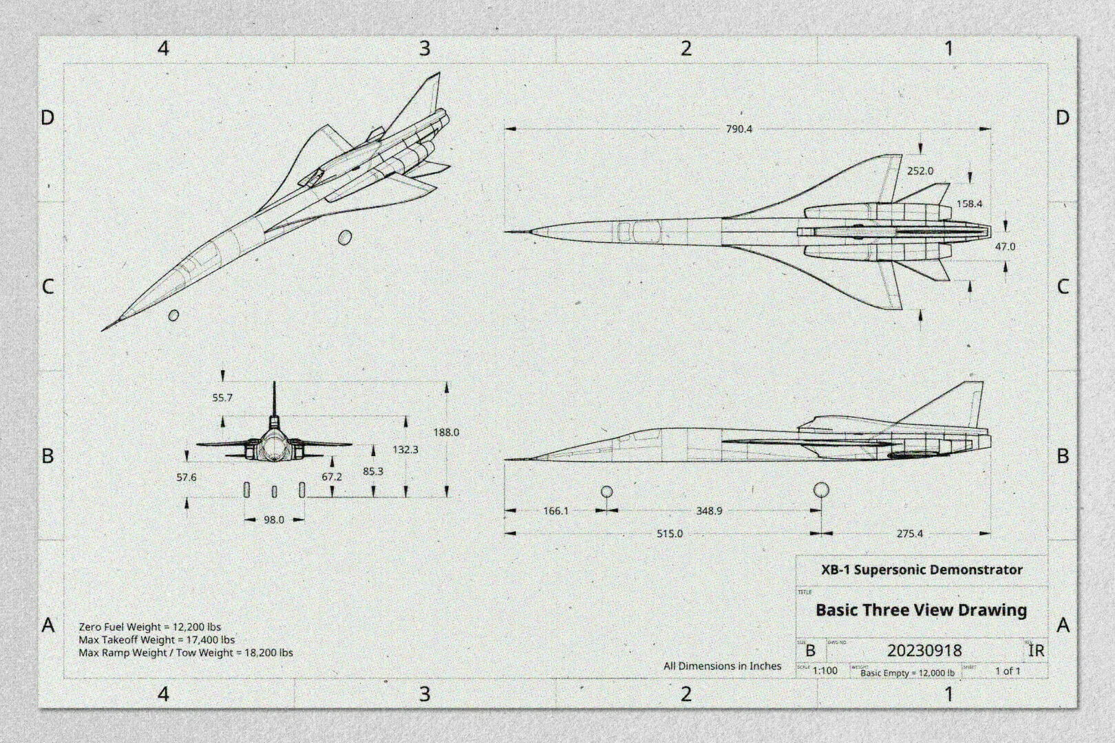 Boom's supersonic demonstrator, XB-1's design and dimensions on paper. This design is what was used for flight.