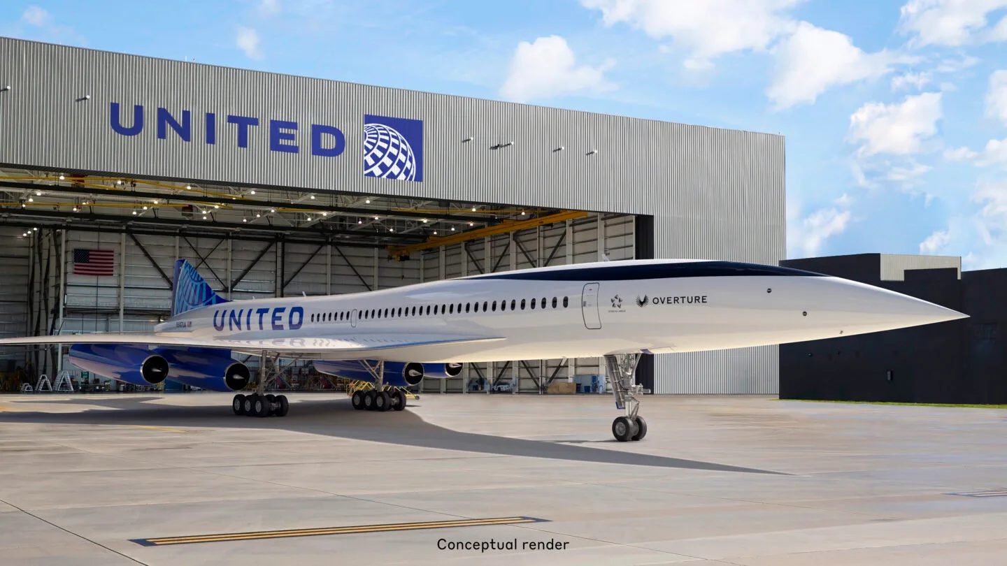 Boom Supersonic's Overture leaving a hangar with a United Airlines livery. 