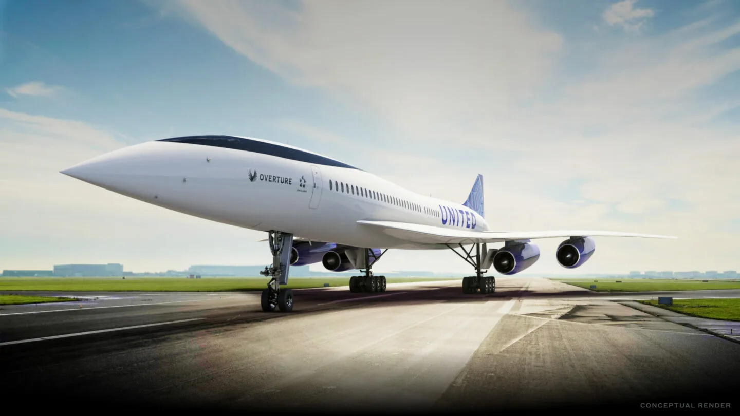 Boom's supersonic airliner, Overture, with a United Airlines livery. 
