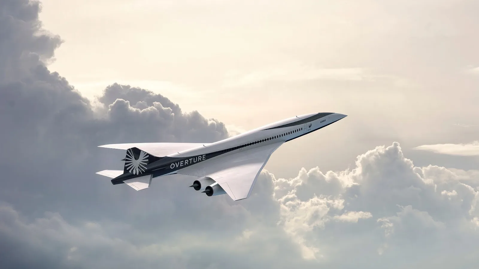Boom Supersonic's Overture, flying over the clouds at the supersonic speed of Mach 1.7. 