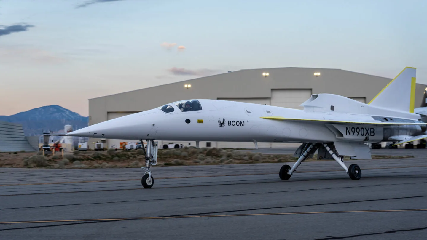 XB-1, Boom's supersonic demonstrator on the runway at the Mojave Air & Space Port. 