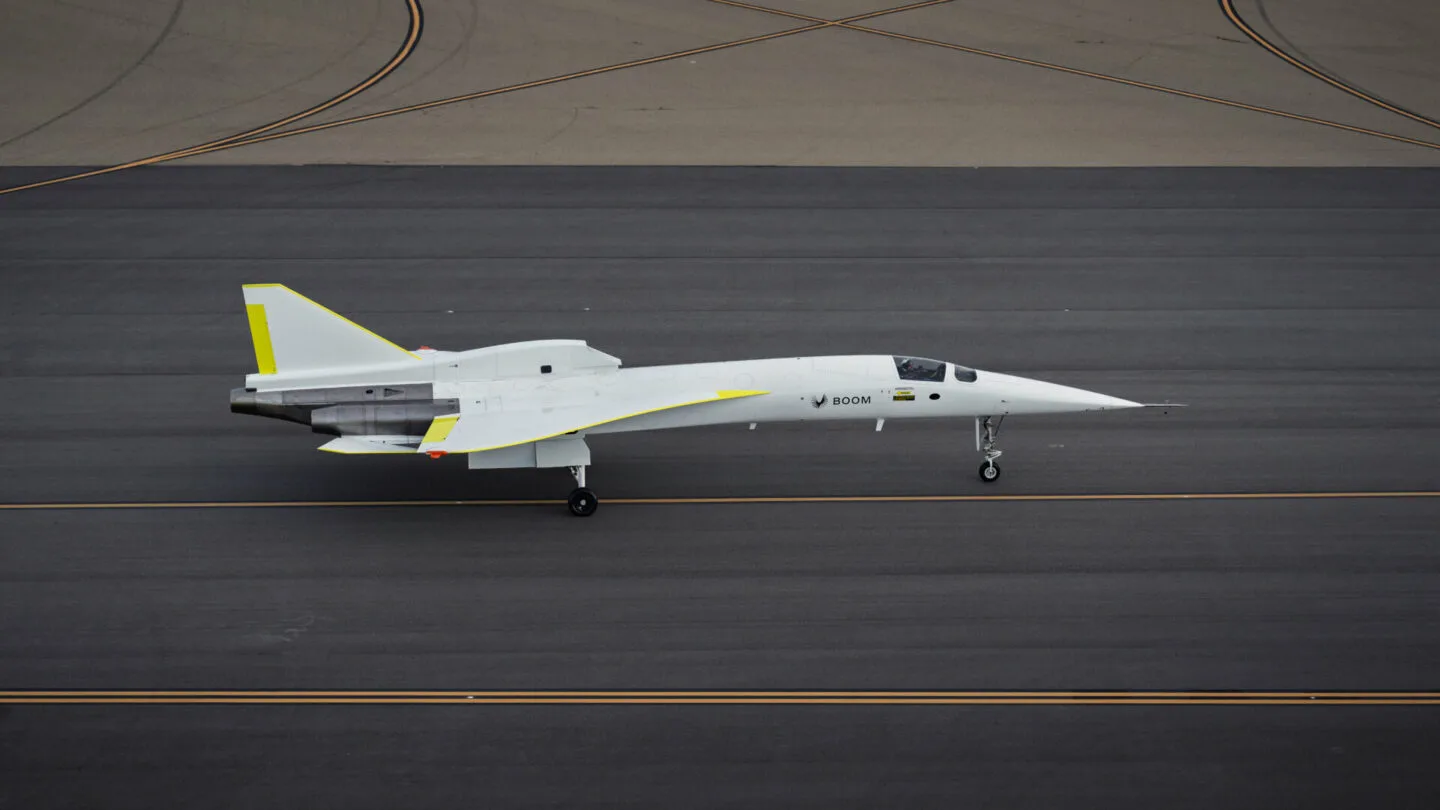 Boom's supersonic demonstrator, XB-1 taxiing the runway at Mojave Air & Space Port in preparation for first flight.