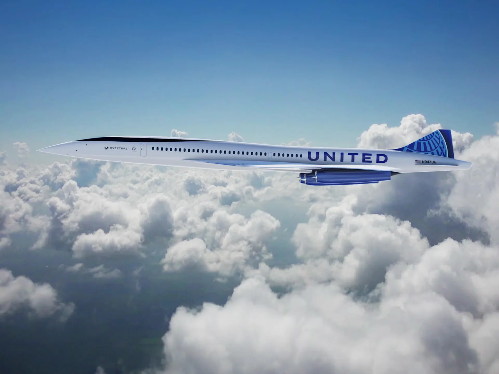 Overture in United Airlines livery flying above the clouds