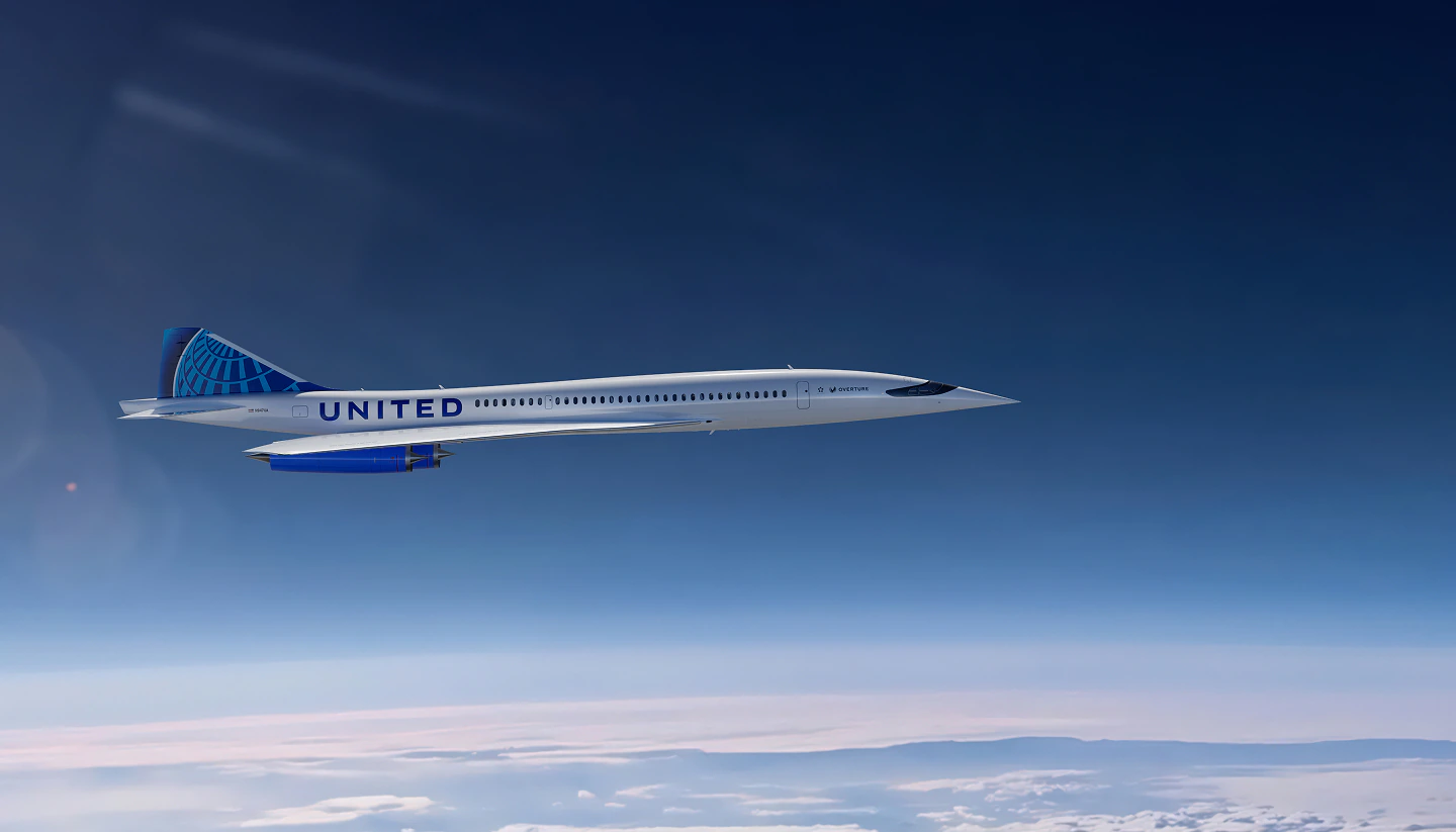 Overture in United Airlines livery flying high above the Earth