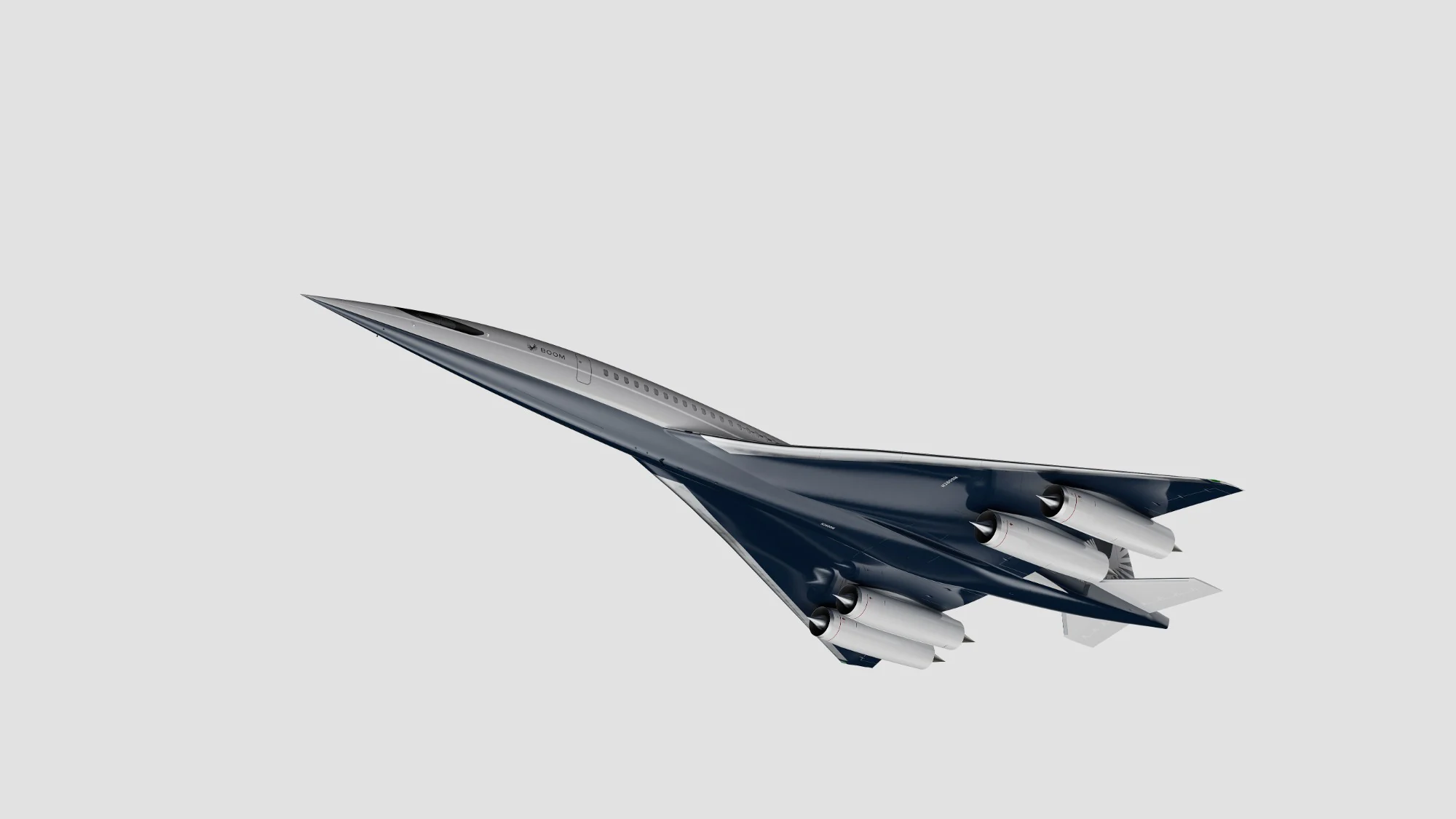 Overture banking away in navy and silver, its four engines under the delta wing