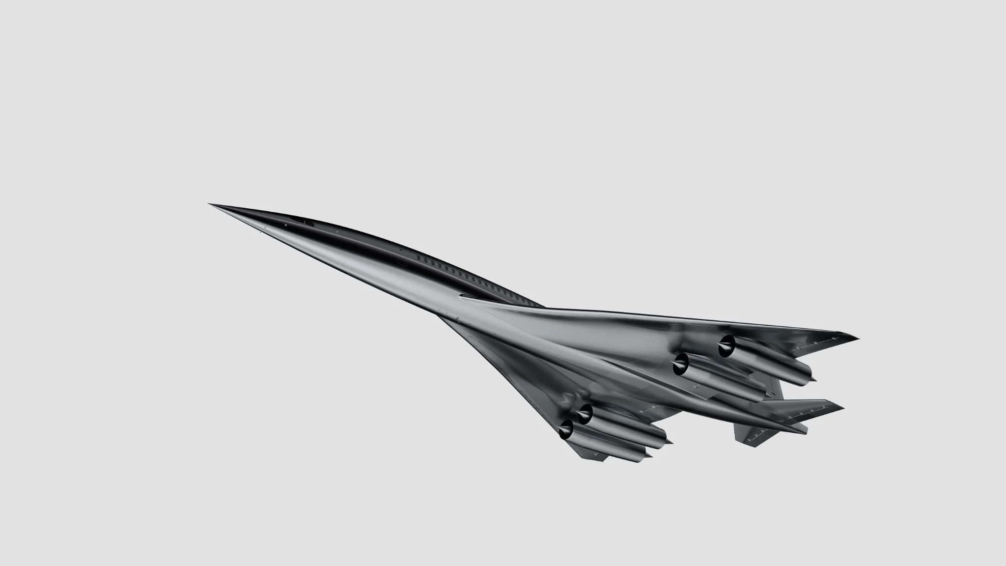 Overture banking away, its four engines under the delta wing