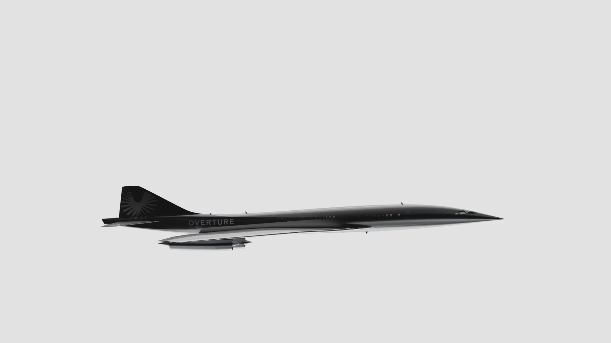 Overture in profile, painted black with OVERTURE on its tail: a long, slender fuselage over a delta wing