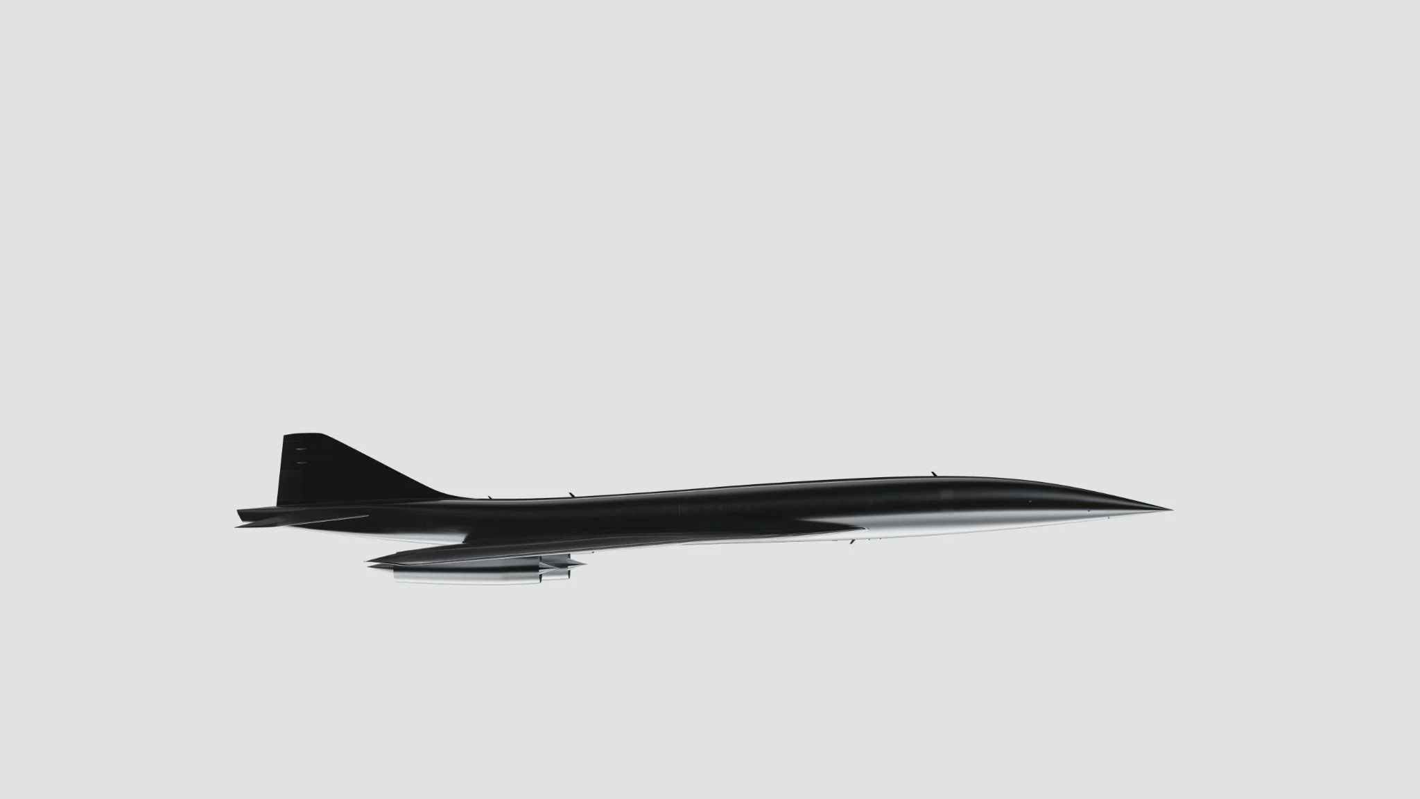 Overture in profile: a long, slender fuselage over a delta wing