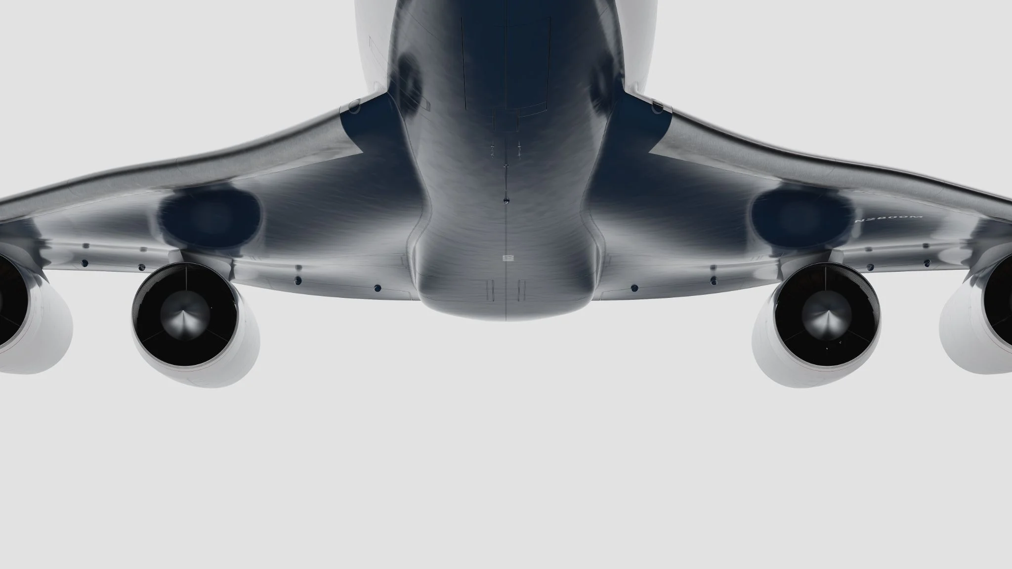 Overture seen from below: the fuselage between the wings and the engines under them