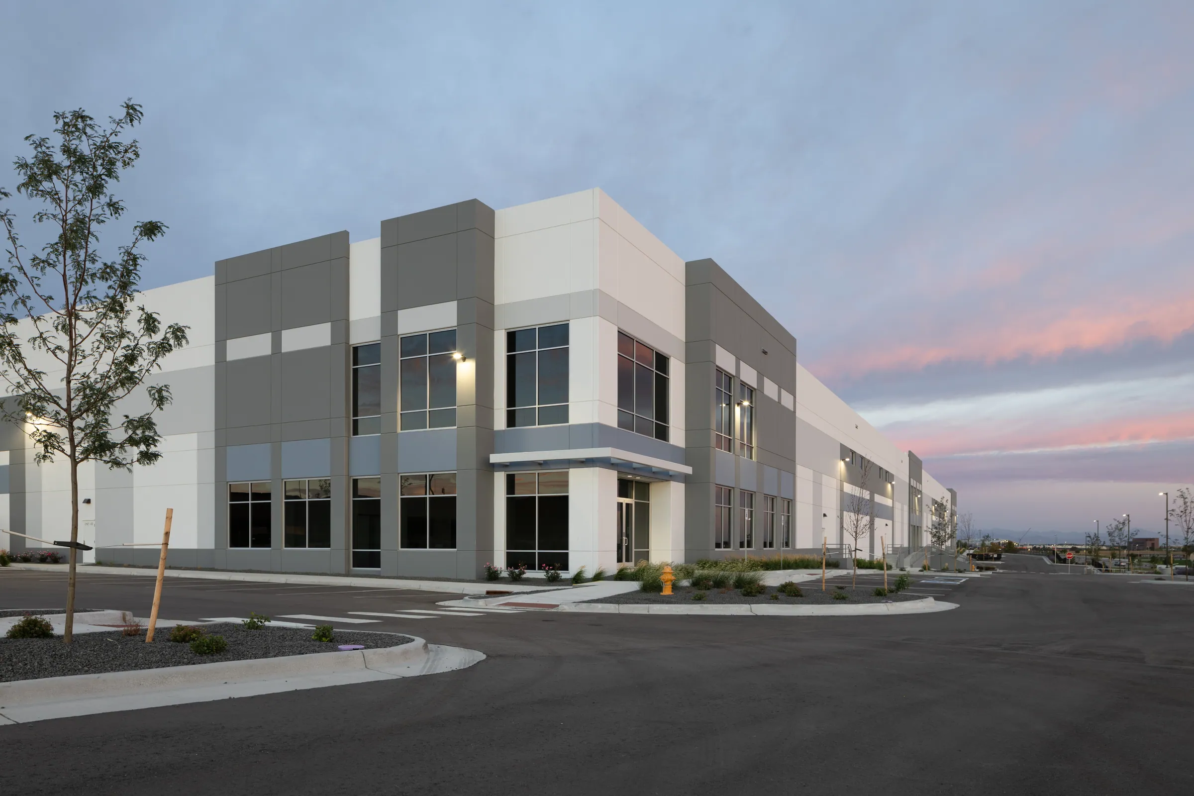 The Superfactory building at dusk