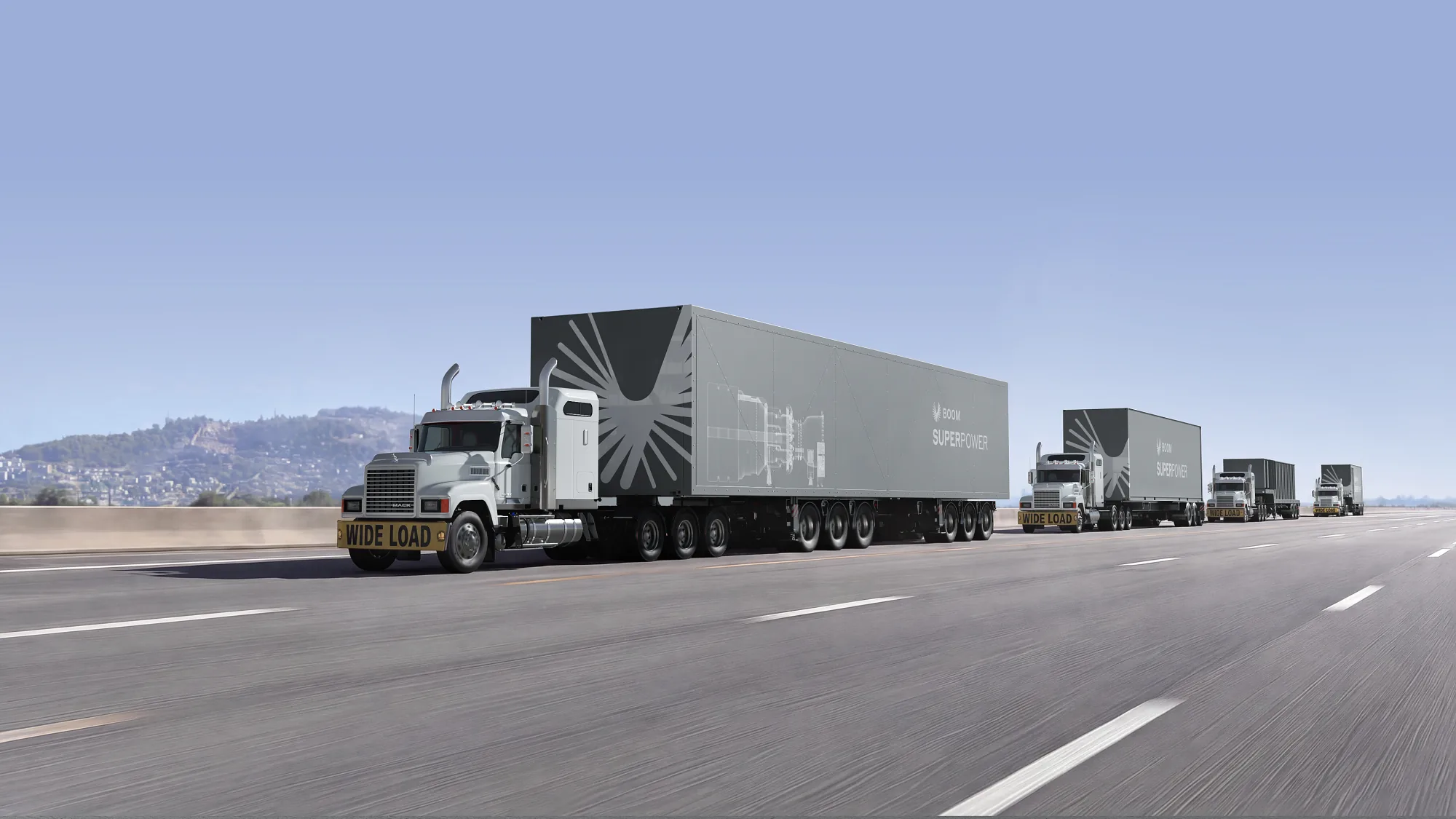 A convoy of white trucks hauling Superpower trailers down a highway