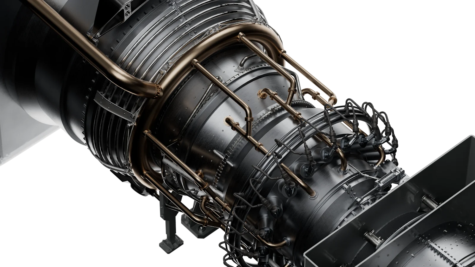 Close view of the turbine's core and the pipework around it