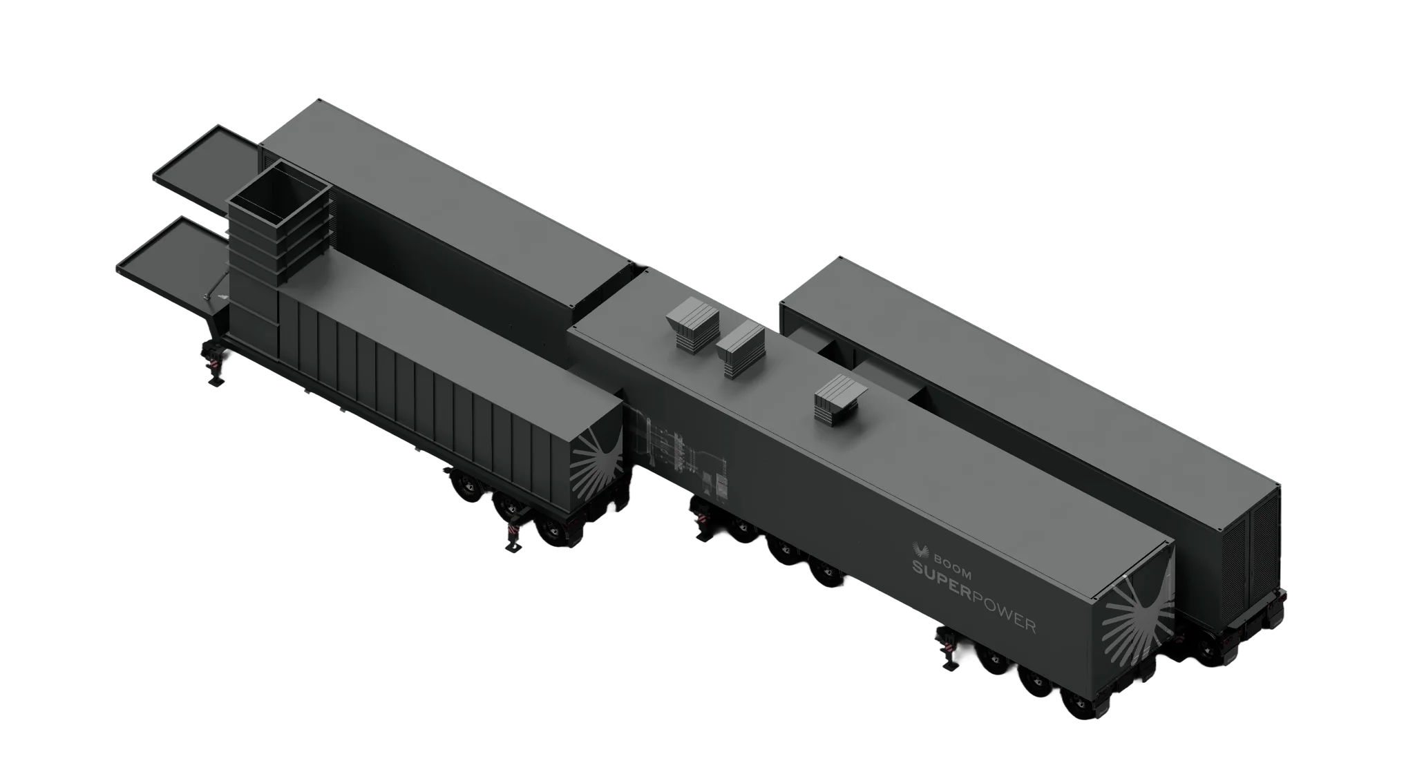 The four Superpower trailer modules parked side by side: air intake, turbine, generator and exhaust
