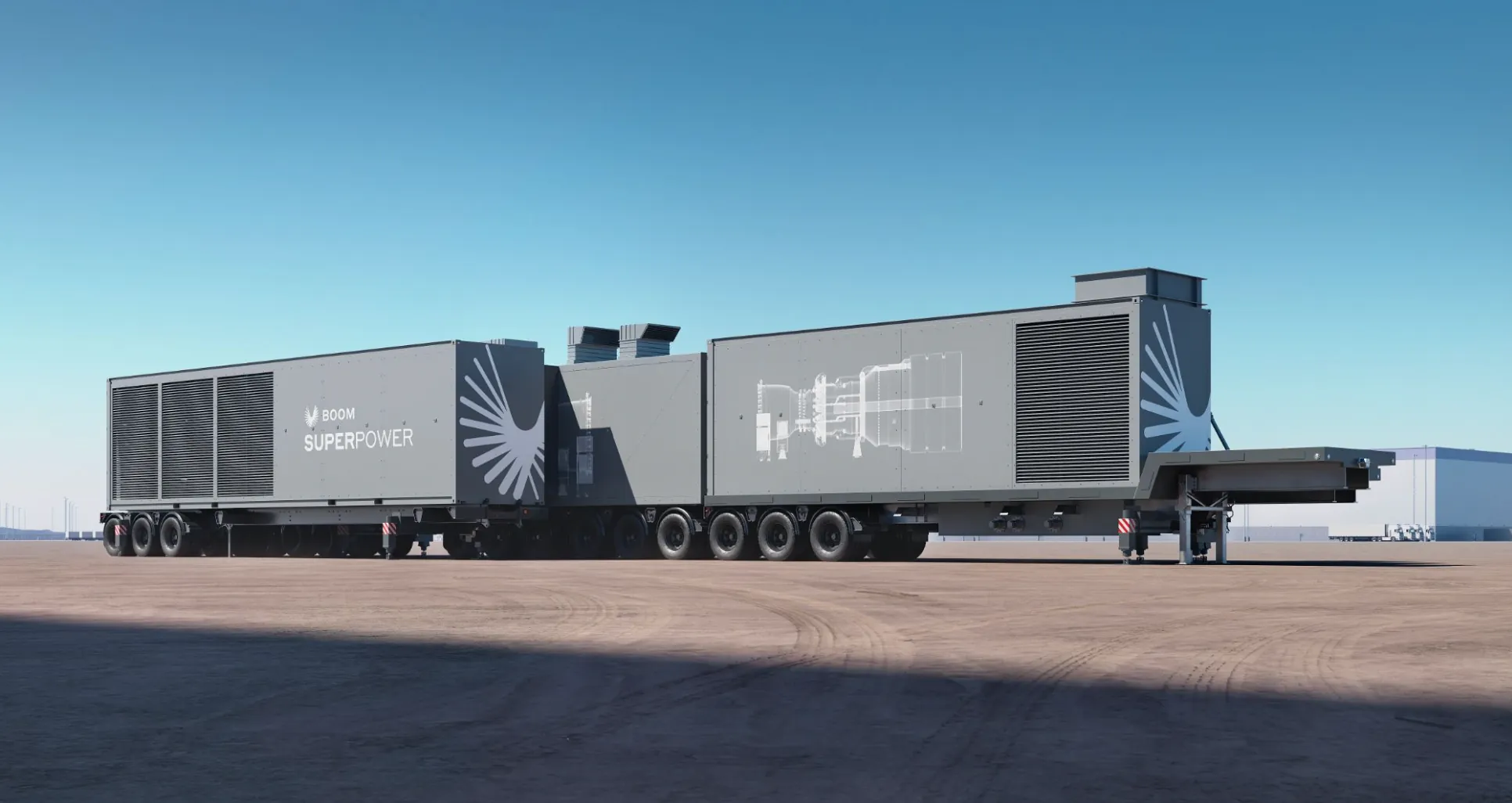 A Superpower unit parked on open desert ground under a clear sky