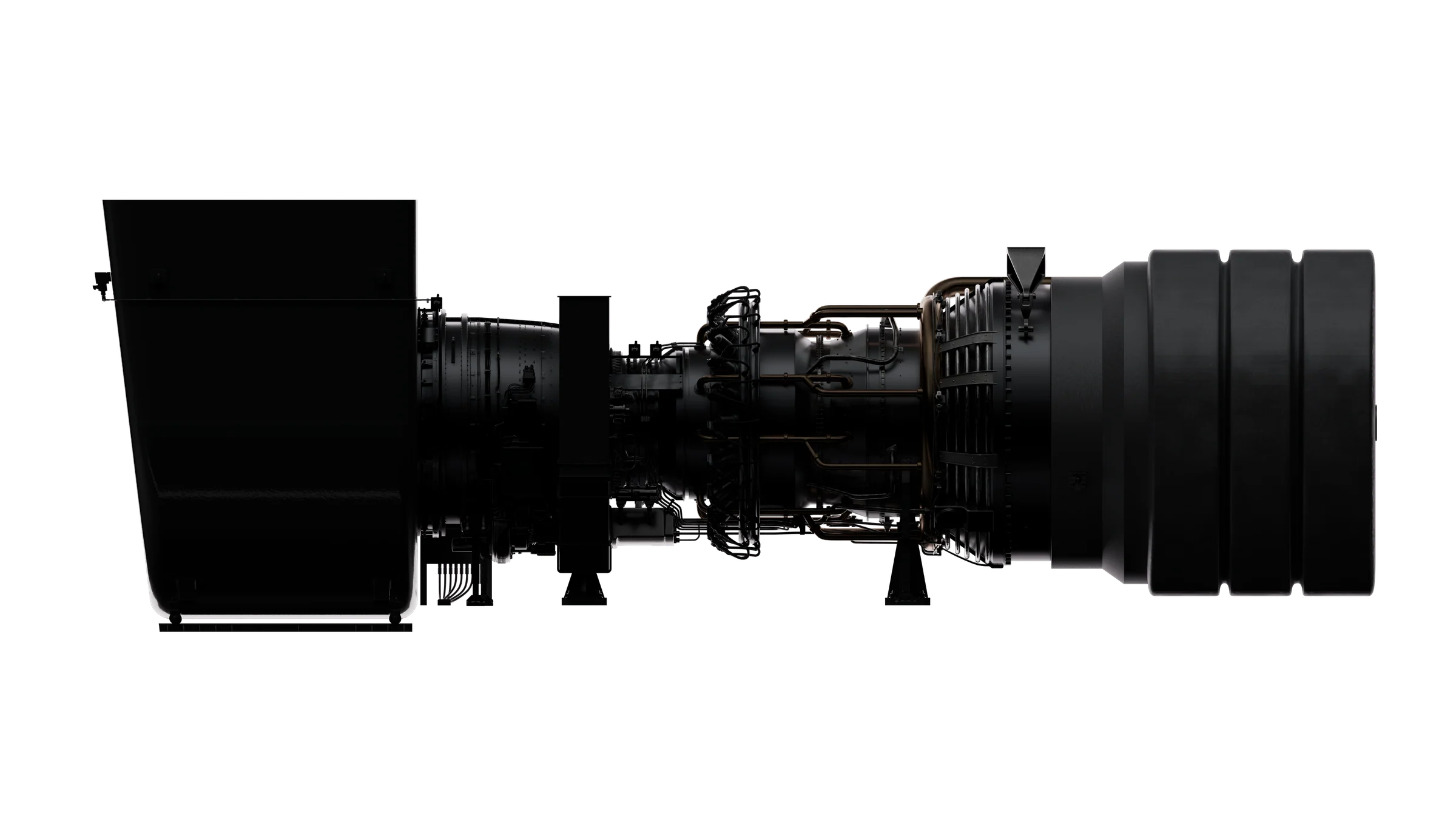 A turbine engine in profile against black, from intake to exhaust