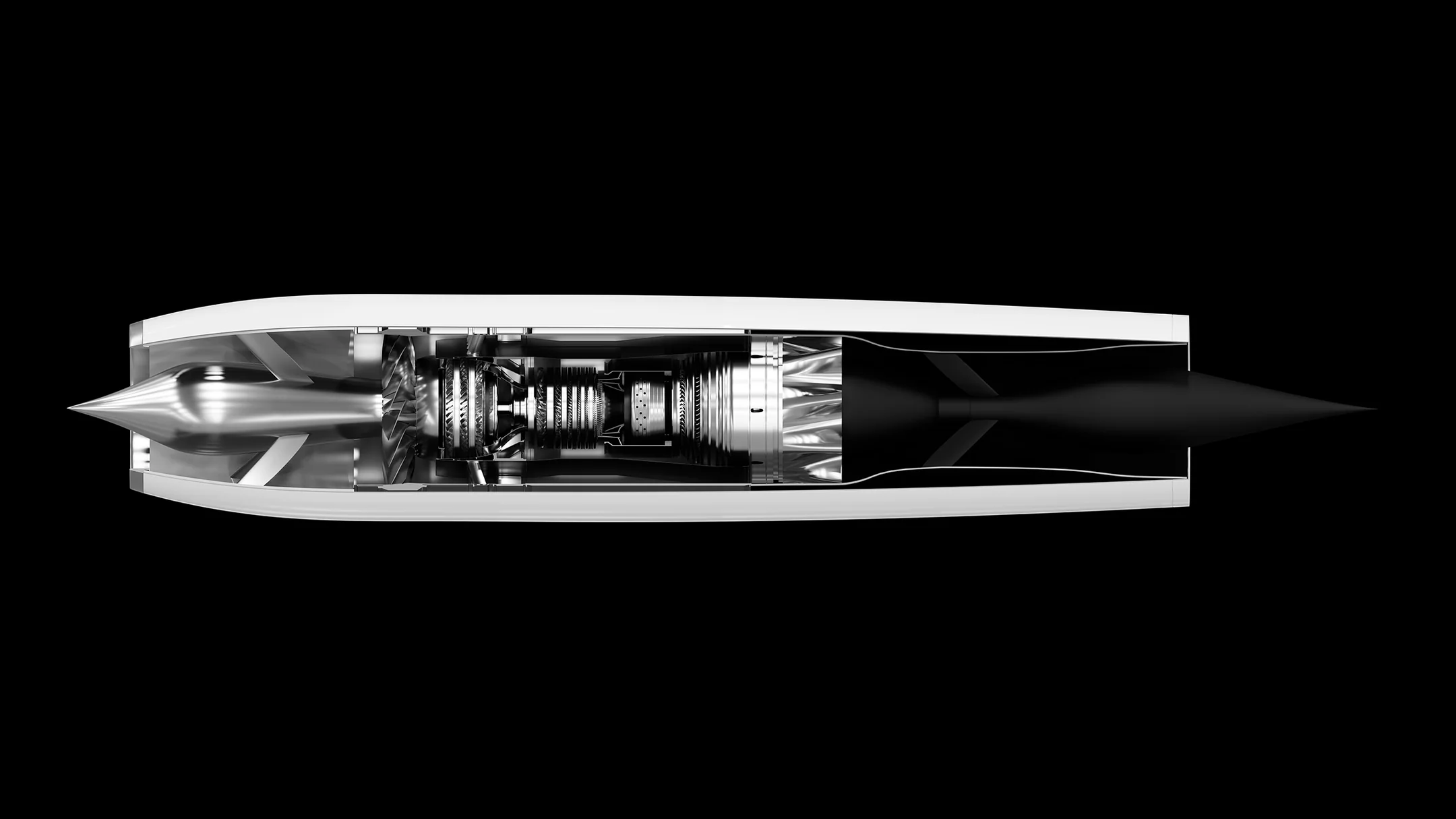 A cutaway of the Symphony engine in its nacelle, from intake cone to exhaust