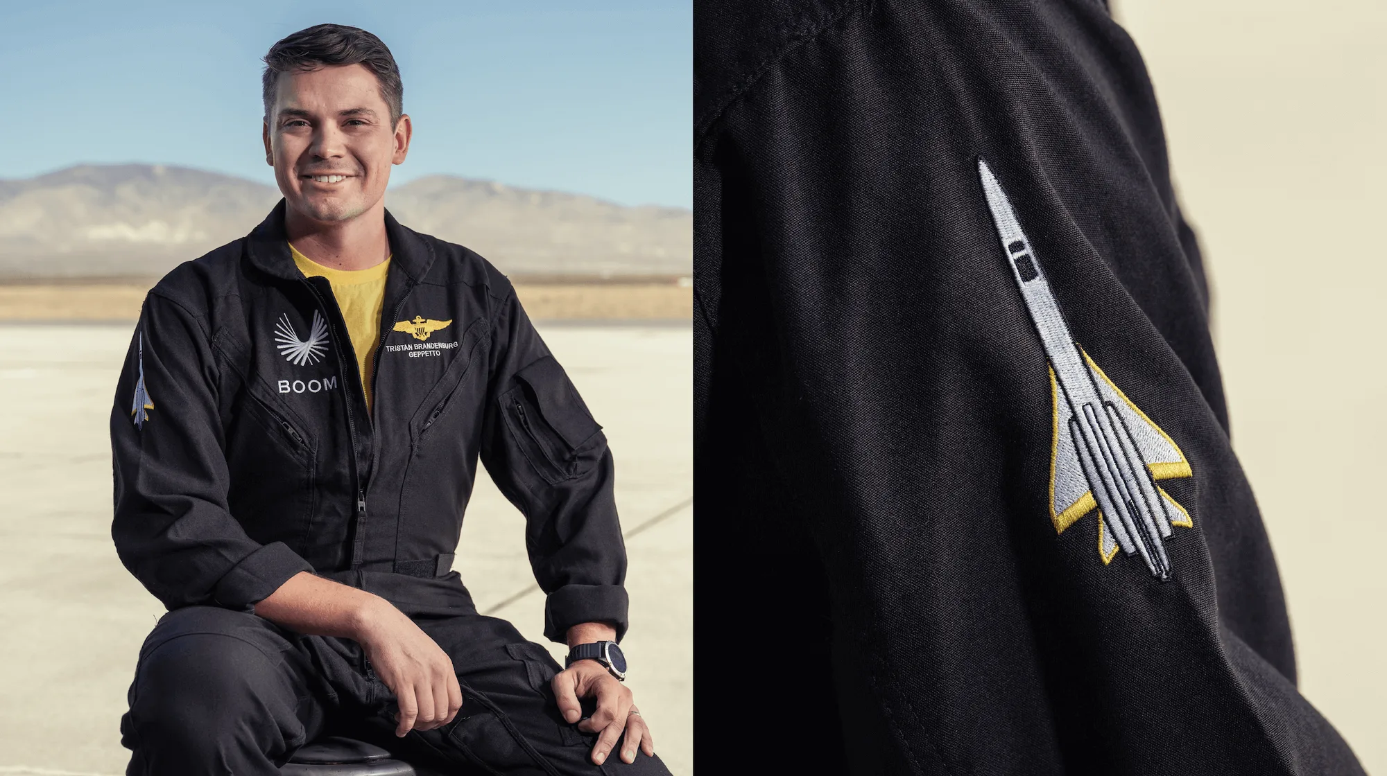 Chief Test Pilot Tristan “Geppetto” Brandenburg beside a detail of his flight suit patch